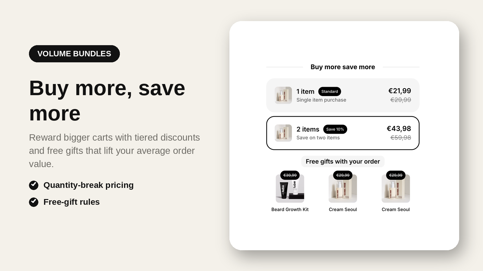 Volume bundle widget showing buy-more-save-more tiers and free gifts
