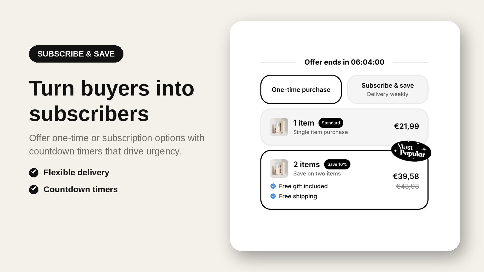 Subscribe and save widget with countdown timer