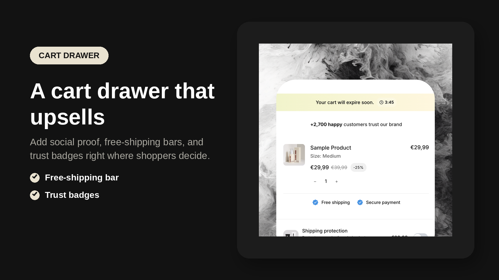 Custom cart drawer with upsells and trust badges